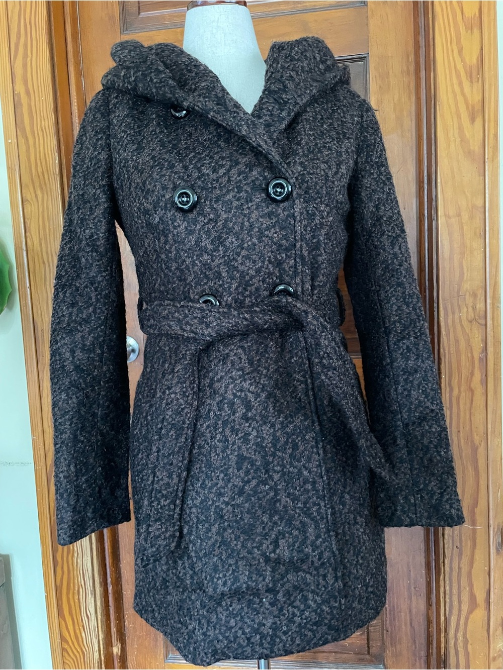 Steve Madden Brown Hooded Double-Breasted Pea Coat